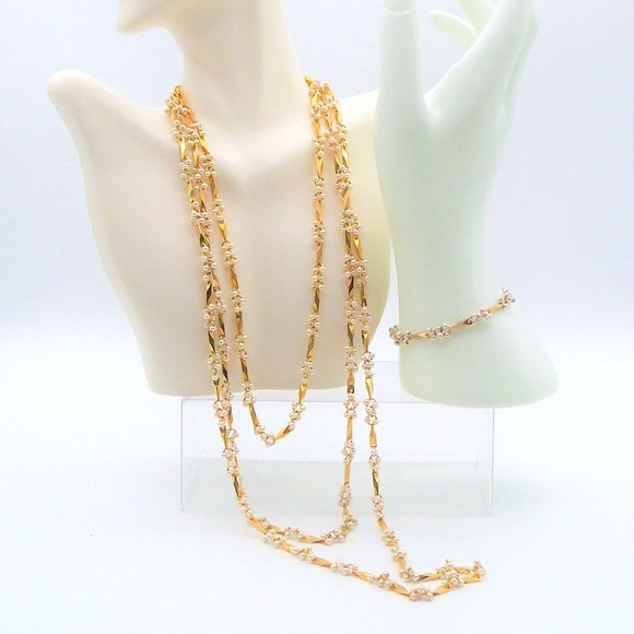 Small Pearls Gold Tone 3 Strand Necklaces and Bracelet Set - Picture 2 of 16